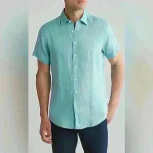 NWT Rodd & Gunn Grey Lynn Linen Short Sleeve Button-Up Shirt Turquoise Size L